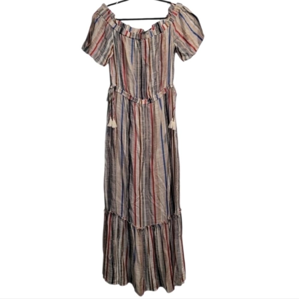 1.State Maxi Dress Stripe Off Shoulder Women's Size Medium Tassels Long Length